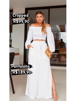 Pantalona branca em viscose com fendas laterais Pantalona branca em viscose com fendas laterais