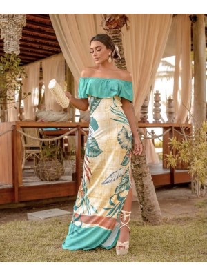 Vestido estampado ombro a ombro em viscose e elastano Vestido estampado ombro a ombro em viscose e elastano